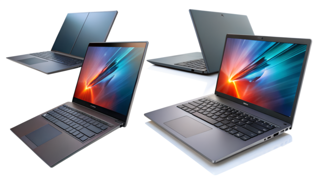 Group of Modern Laptops with Colorful Screens on Transparent Background