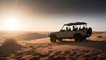 Safari vehicle traversing sandy desert dunes at sunset with passengers aboard