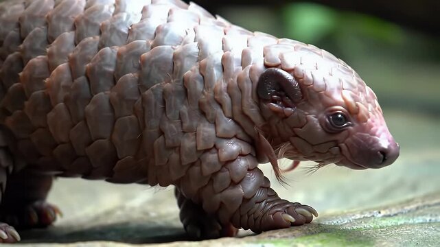 Close-up of a Pangolin Walking, Showcasing its Unique Protective Scales and Distinctive Mammalian Features in a Natural Environment