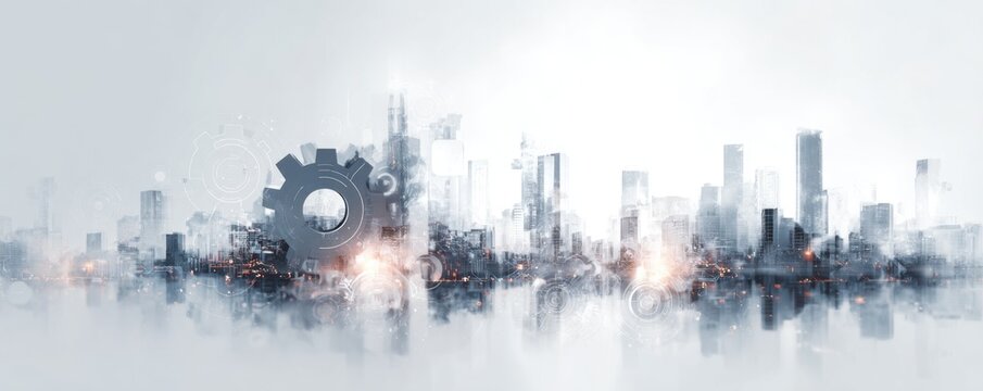 Futuristic cityscape with abstract gear integration symbolizing modern technology and urban innovation.