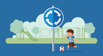 Playful Scene Boy Enjoys Football Game Near Playground And Roundabout Sign
