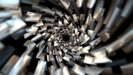 Whirlwind of Direction: A mesmerizing digital composition of metallic arrows spiraling inwards, creating a vortex of motion and focus, with a central point inviting contemplation. - Powered by Adobe