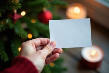 Close-up hand holding blank card Festive winter scene; fir, candle, stars , mockup, wintery
