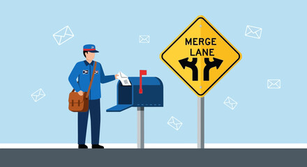 Postman Delivering Mail At Merge Lane Illustrative Scene Flat Vector Concept