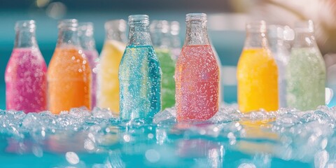 Colorful fusion drinks in clear glass bottles resting on crushed ice inside a serene blue pool Stock photo