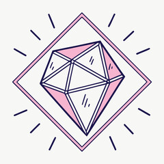 Floral geometric icon in square frame with dark blue background and pink pattern.