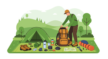 Preparing For An Adventure Outdoor With Necessary Camping Equipment Illustration