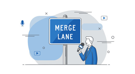 Press Conference About Company Merger on Blue Design Background