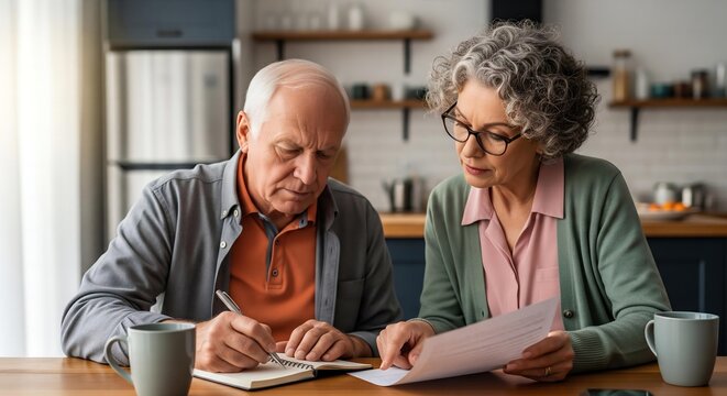 A Quiet Moment of Partnership: Senior Couple Navigating Their Finances Together in a Warm, Sunlit Kitchen.