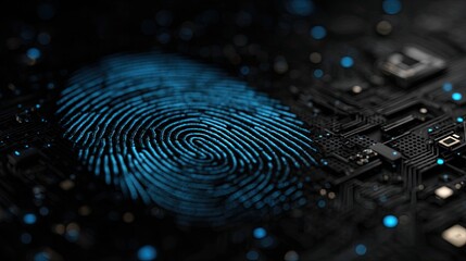 Stunning glowing fingerprint on a circuit board, a digital representation of security, identity, and technology, perfect for modern design