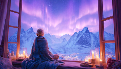 A blonde girl wrapped in a blanket, sitting on the window sill of an elegant house overlooking snowy mountains at night