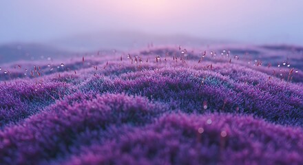 Mystical Purple Moss Hills Glistening with Dew in Soft Morning Fog