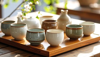 Ceramic Tea Set Displayed on Wooden Tray with Floral Background