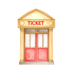 Obraz premium Watercolor Ticket Booth: A charming ticket booth with classic architectural details, inviting visitors to purchase entry. The scene features red doors and a sign that evokes excitement.