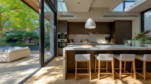 A modern kitchen with large glass doors and sleek island bright and inviting space with wooden stools, contemporary lighting, and lush outdoor patio