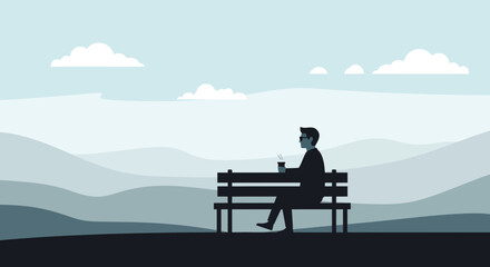 Fototapeta premium Relaxing Silhouette Of Person Drinking Coffee On Park Bench Outdoors