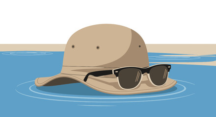 Relaxing summer vacation concept featuring a hat and sunglasses floating on the water surface in a light color scheme perfect for advertisements