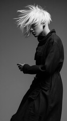 Punk-inspired young woman  with bold hairstyle and expressive gestures. Perfect for alternative fashion, urban culture, music promotion, and edgy advertising campaigns targeting Gen Z and Millennials