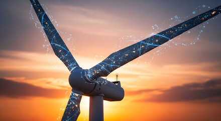 Wind Turbine at Sunset with AI Data Visualization
