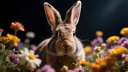 Obraz premium A curious rabbit surrounded by vibrant flowers against a dark background