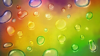 Watercolor drops background, colorful abstract texture with rainbow gradient, wet surface, fluid splash, glossy bubbles, pastel liquid, soft vibrant digital art, artistic design for creative projects