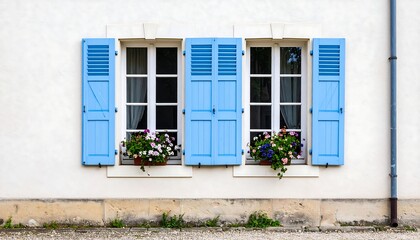 Charming French Windows with Blue Shutters and Colorful Flower Boxes
