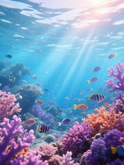 Fototapeta premium Vibrant Coral Reef with Colorful Fish and Sunlight Beams