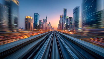 Obraz premium High-Speed Night Train Through Futuristic City – Motion Blur Photography