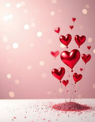 Beautiful red heart balloons float above a glittery mound, celebrating love and romance.