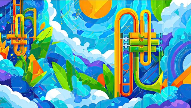 Vibrant trumpet amidst abstract landscape