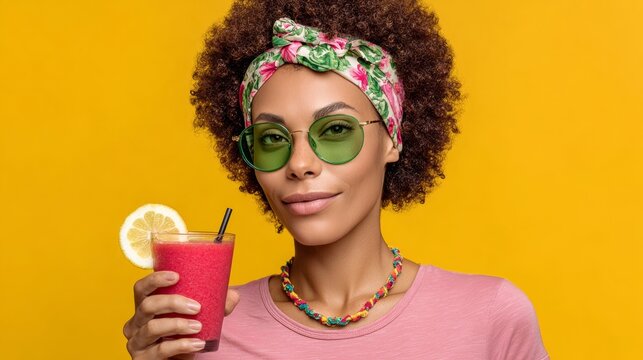 Woman with a green headband and sunglasses holding a pink drink with a lemon slice in it