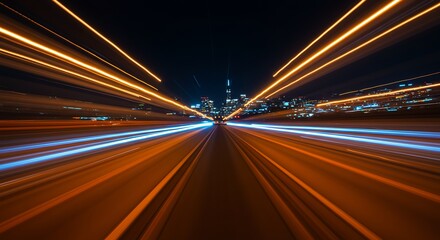 Dynamic City Approach with Converging Orange and Blue Light Trails