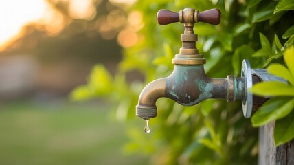 Weathered Brass Faucet with Wooden Handle Dripping Water in Lush Green Garden Setting