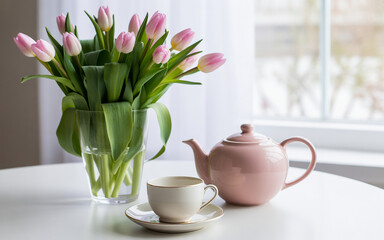 Pink tulips in a vase with a teapot and cup bouquet