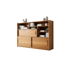 Modern wooden sideboard cabinet with sliding doors and shelves isolated on transparent background