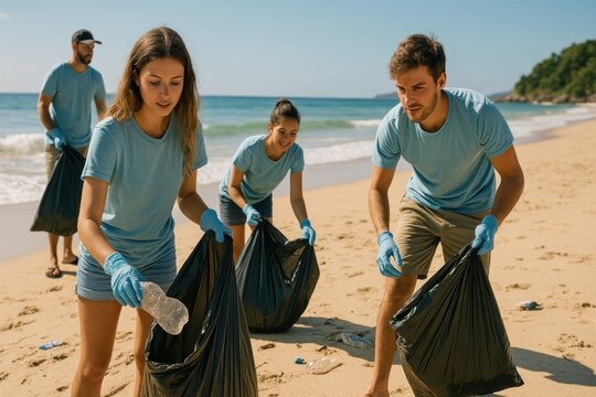 Beach cleanup volunteers working together.