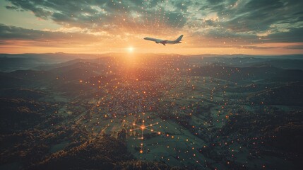 Sunset Flight Above Connected World