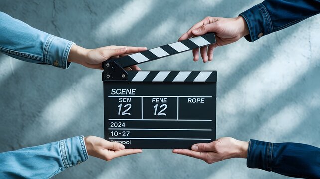 Film Slate Held by Two People in Denim Jackets, Scene Twelve, October 2024