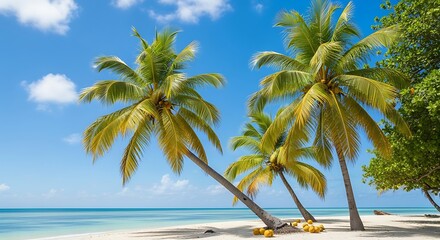 Tropical Beach Paradise with Palm Trees and Coconuts
