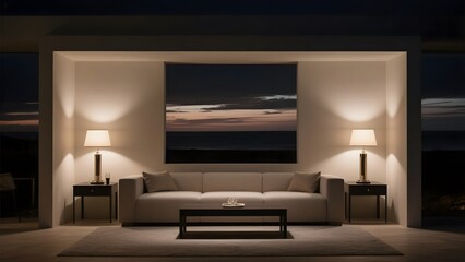 Modern living room with ambient lighting and a large framed landscape artwork