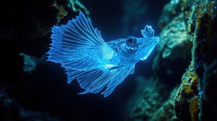Luminescent Ocean Phantom: A mesmerizing underwater portrait of a bioluminescent fish amidst a dark, mysterious reef