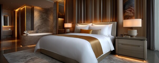 Fototapeta premium Stylish luxury bedroom interior modern hotel photography warm lighting wide angle comfort and elegance