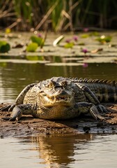 Obraz premium Powerful Caiman Basking in Sunlit Marsh