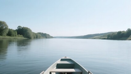 Rowboat on a Calm Lake with Lush Greenery in the Background