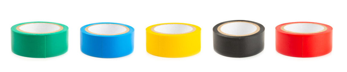 Insulating tape on a bright colored background. Set of different colors insulating tape. Reel insulating tape. Construction tools. Electrician tools. A piece of scotch tape. Space for text.Copy space.