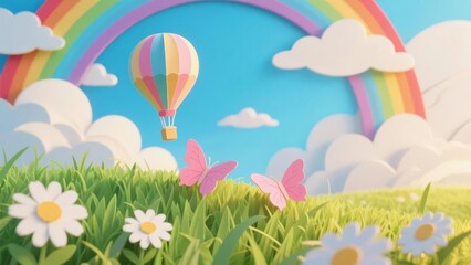 Colorful Hot Air Balloon Floating Over a Lush Green Field with Daisies and Butterflies Under a Rainbow Sky