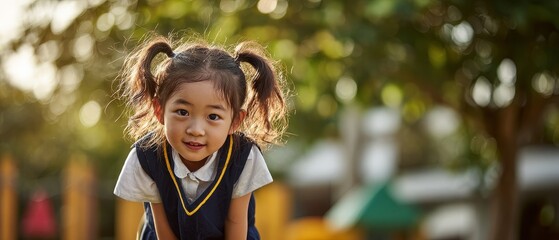 Happy Asian schoolgirl with backpack smiling in golden hour sunlight, happy Asian schoolgirl, happy Asian schoolgirl