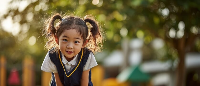 Happy Asian schoolgirl with backpack smiling in golden hour sunlight, happy Asian schoolgirl, happy Asian schoolgirl