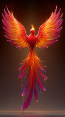 Obraz premium A vibrant and majestic phoenix with fiery orange and pink feathers rises against a dark backdrop, symbolizing rebirth and transformation