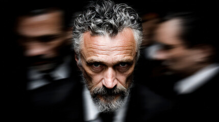 Fototapeta premium A confident middle-aged man with curly gray hair and a beard stares intensely at the camera, with blurred figures of men in suits in the background creating a dramatic effect